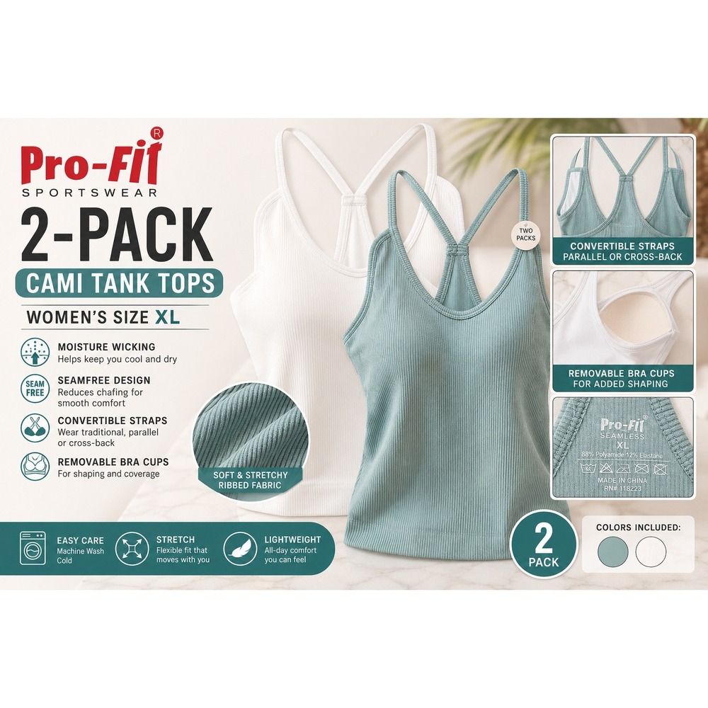 Pro-Fit Sportswear 2 Pack Seamless Ribbed Tank Tops XL White Green Convertible